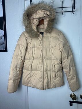 New York & Company Beige Hooded Puffer with Faux Fur Trim